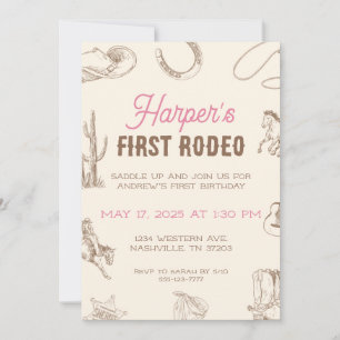 My First Rodeo 1st Birthday Invitation Pink Girl