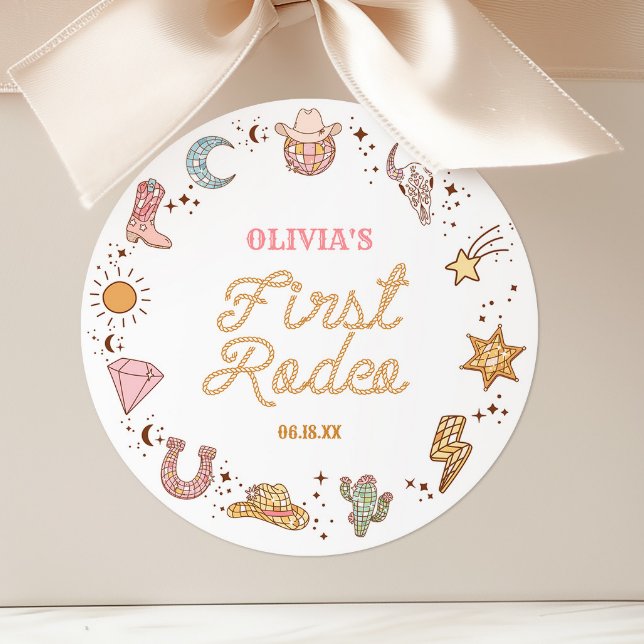 My First Rodeo Disco Cowgirl 1st Birthday Party Classic Round Sticker (Creator Uploaded)