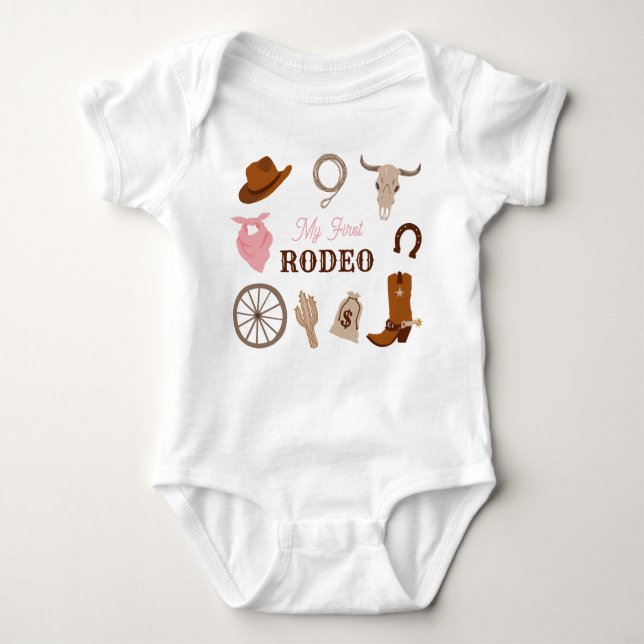 My First Rodeo Western Cowgirl First Birthday Pink Baby Bodysuit (Front)