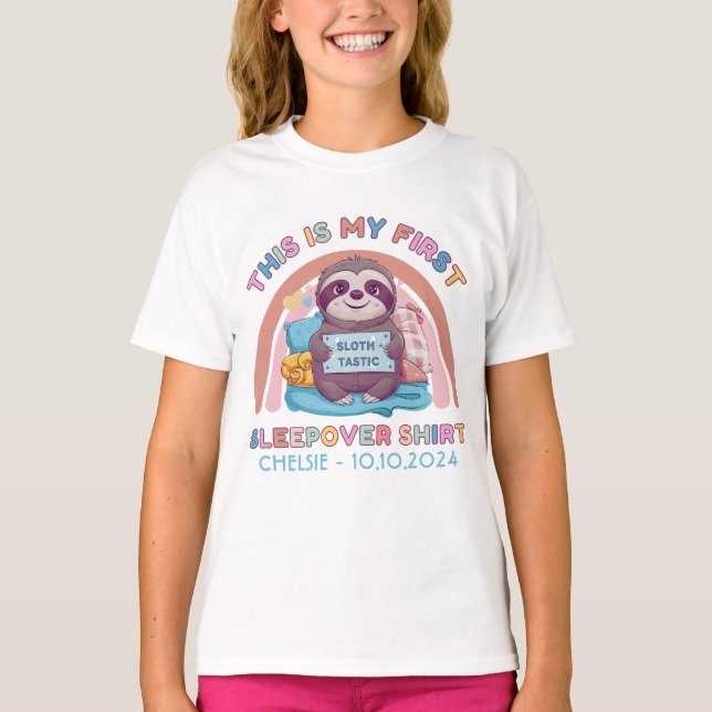 My First sleepover shirt cute sloth personalised (Front)