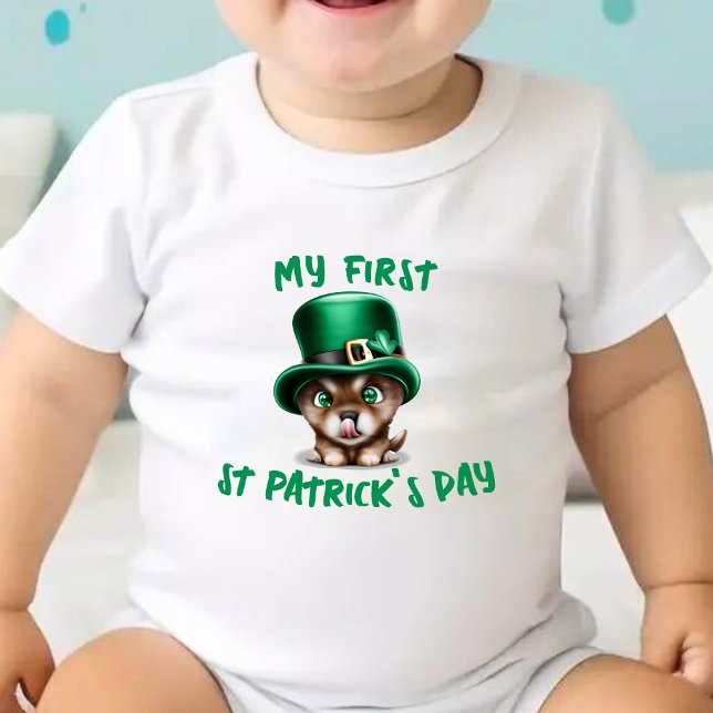 My First St Patrick's Day Puppy Dog Leprechaun Hat Baby Bodysuit (my first St. Patrick's day baby bodysuit with a cute puppy dog wearing a leprechaun hat)