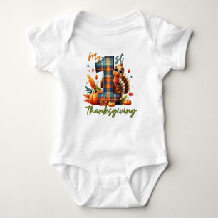 My First Thanksgiving Cute Turkey Plaid Baby Bodysuit