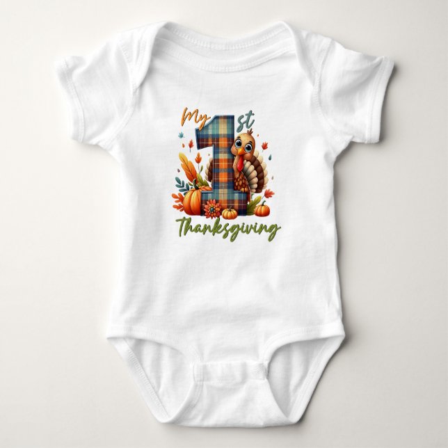 My First Thanksgiving Cute Turkey Plaid Baby Bodysuit (Front)
