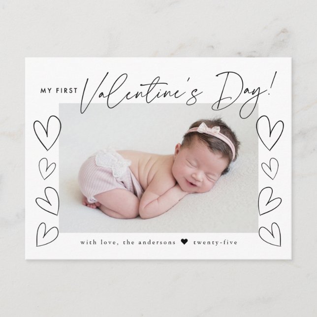 My First Valentine's Day Black Script Photo Holiday Postcard (Front)