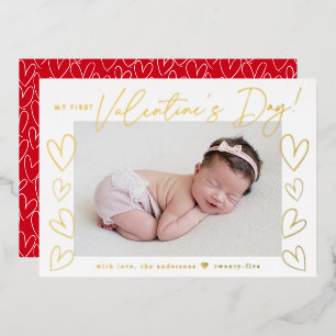 My First Valentine's Day Gold Script Photo Foil Holiday Card