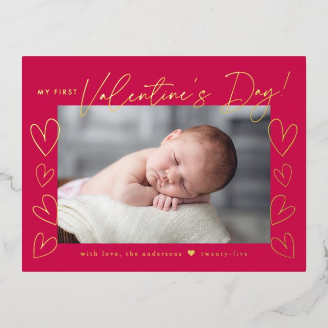 My First Valentine's Day Magenta Valentine's Day Foil Holiday Postcard (Front)