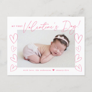 My First Valentine's Day Pink Script Photo Holiday Postcard