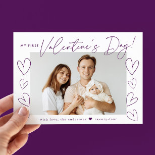 My First Valentine's Day Purple Script Photo Holiday Card