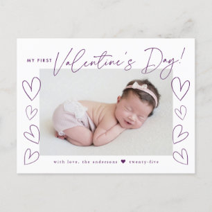 My First Valentine's Day Purple Script Photo Holiday Postcard