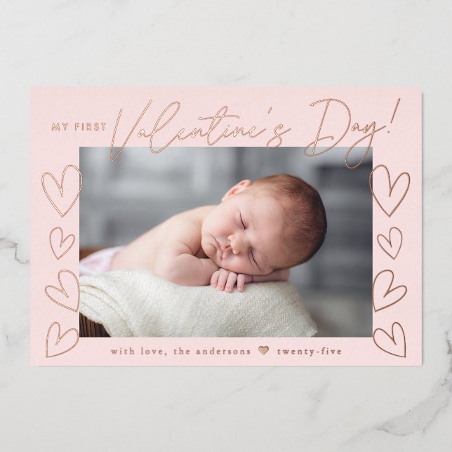 My First Valentine's Day Script Blush Pink Photo Foil Holiday Card (Front)