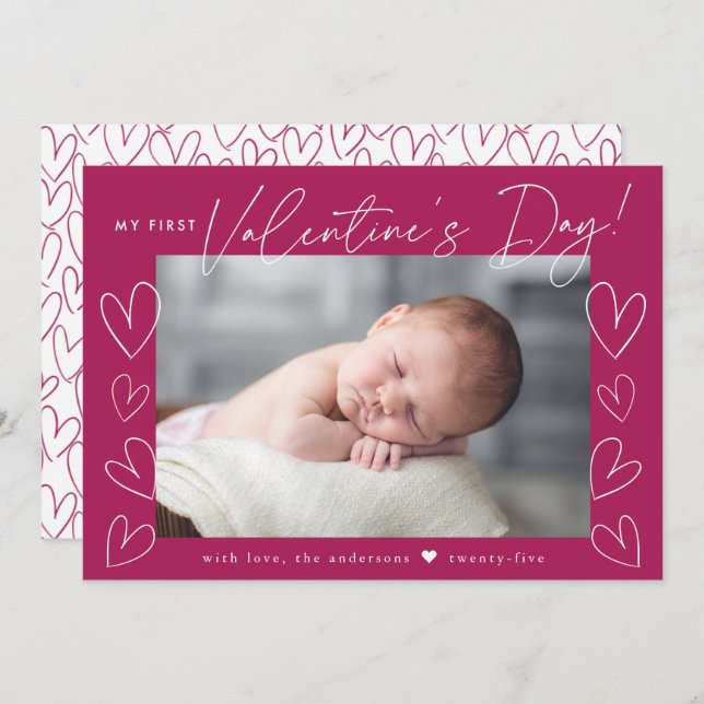 My First Valentine's Day Script Fuchsia Photo Holiday Card (Front/Back)