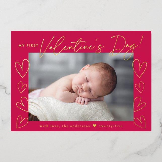 My First Valentine's Day Script Magenta Photo Foil Holiday Card (Front)
