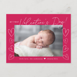 My First Valentine's Day Script Magenta Photo Holiday Postcard