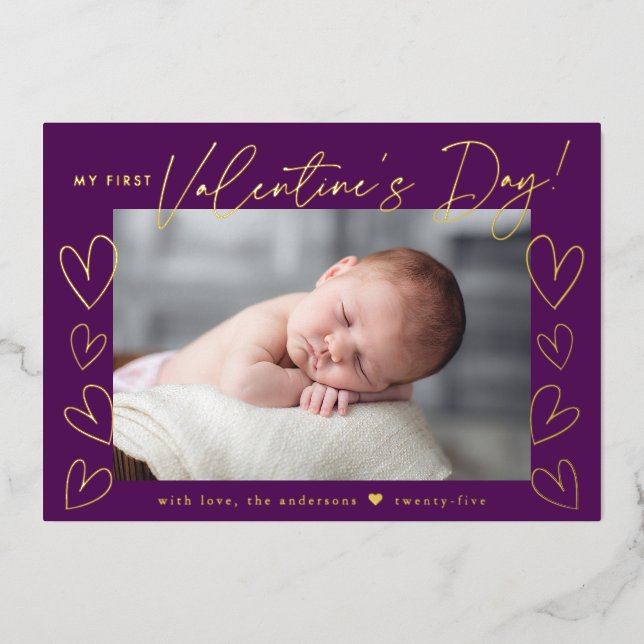 My First Valentine's Day Script Purple Photo Foil Holiday Card (Front)