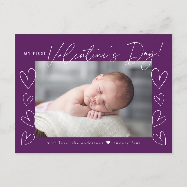 My First Valentine's Day Script Purple Photo Holiday Postcard (Front)