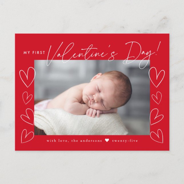 My First Valentine's Day Script Red Photo Holiday Postcard (Front)