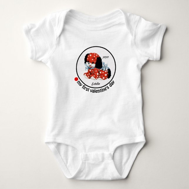 My First Valentine's Day. Vintage Puppy with heart Baby Bodysuit (Front)