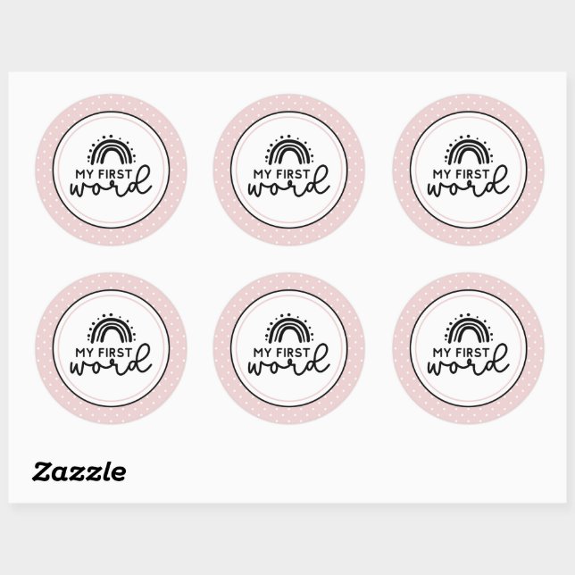 My first word rainbows and polka dots milestone classic round sticker (Sheet)