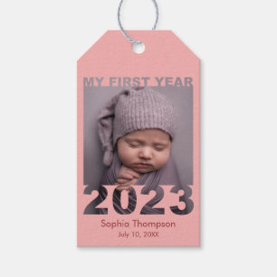 My First Year 2023 Modern Cutout Baby Photo Coral Gift Tags