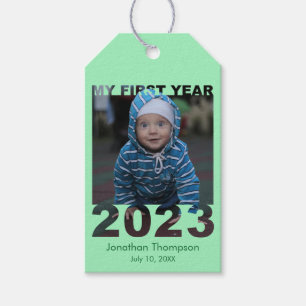 My First Year 2023 Modern Cutout Baby Photo Green Gift Tags