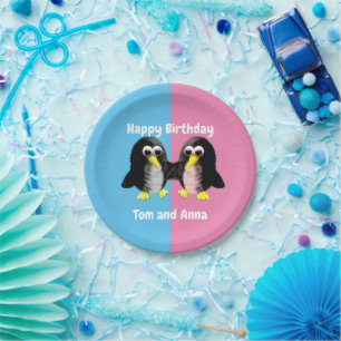 My friend the penguin ,Personalised  for Twins Pap Paper Plate