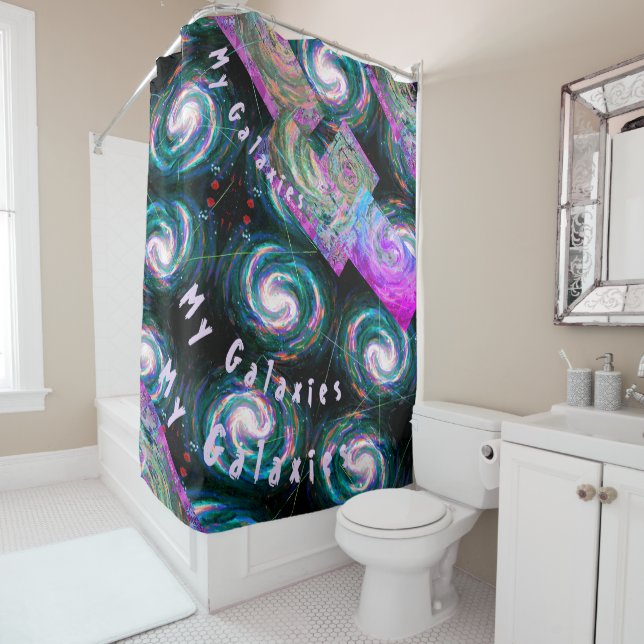 My Galaxies Patchwork Map in Green and Purple Shower Curtain (In Situ)