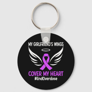 My Girlfriend's Wings Cover My Heart Purple Ribbon Key Ring