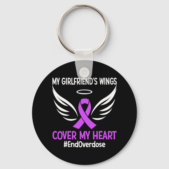 My Girlfriend's Wings Cover My Heart Purple Ribbon Key Ring (Front)