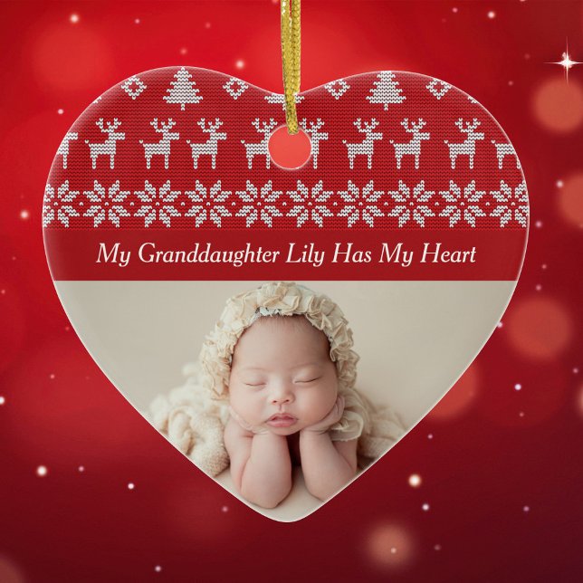 My Granddaughter Has My Heart Red Christmas Photo Ceramic Ornament (Creator Uploaded)