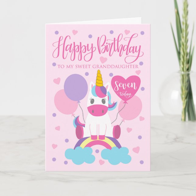 My Granddaughter Unicorn On Rainbow 7th Birthday Card (Front)
