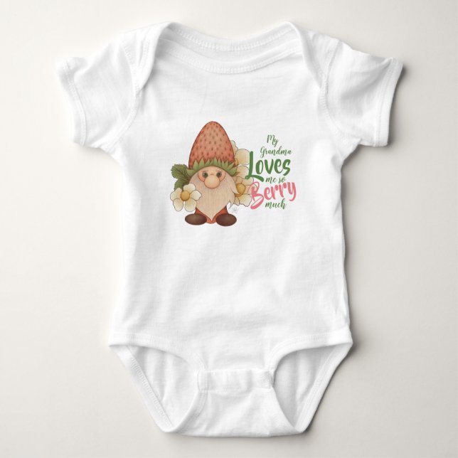 My Grandma Loves Me So Berry Much Strawberry Gnome Baby Bodysuit (Front)