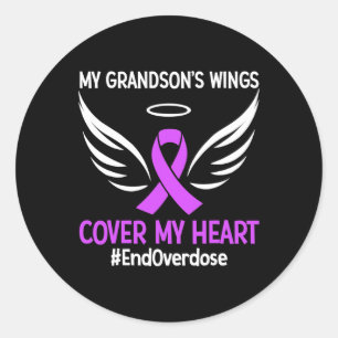 My Grandson's Wings Cover My Heart Purple Ribbon Classic Round Sticker