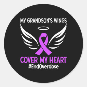My Grandson's Wings Cover My Heart Purple Ribbon Classic Round Sticker