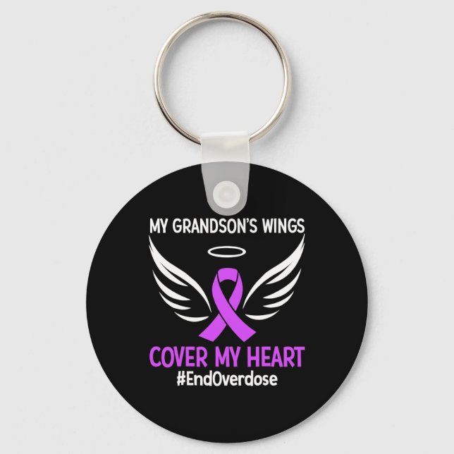 My Grandson's Wings Cover My Heart Purple Ribbon  Key Ring (Front)