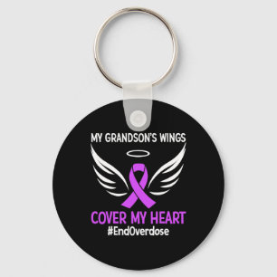 My Grandson's Wings Cover My Heart Purple Ribbon Key Ring