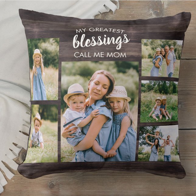 My Greatest Blessings Call me Mum 6 Photo Rustic Cushion (Creator Uploaded)