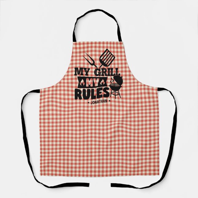 My Grill My Rules Funny Red Gingham BBQ Kitchen Apron (Front)