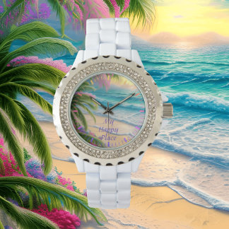 My Happy Place Beach Rhinestone on White Watch
