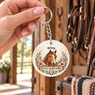 My Happy Place Is Horses Rustic Floral Horse Art Key Ring