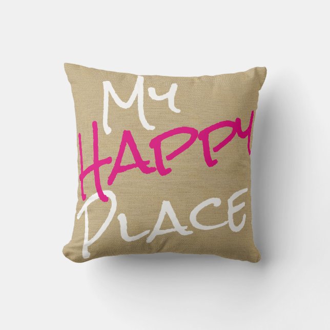 My Happy Place Pink and White Canvas Print Cushion (Front)