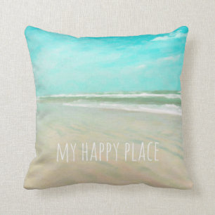 My Happy Place Turquoise Sky Beach Scene Cushion