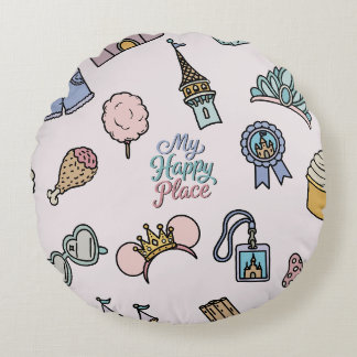 My Happy Place Whimsical Theme Park Vacation Icons Round Cushion