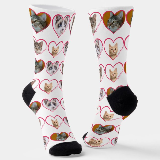 My Heart Belongs To Personalised 4 Cat Photo, Name Socks (Angled)
