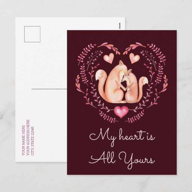 My Heart Is All Yours Cute Fox Valentines Day Holiday Postcard (Front/Back)