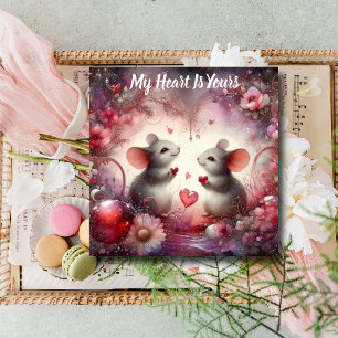 My Heart Is Yours Mice Floral Watercolor Valentine Holiday Card