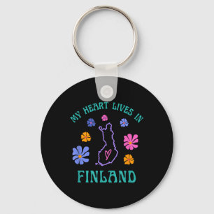 My Heart Lives In Finland Retro Groovy Travel And Key Ring