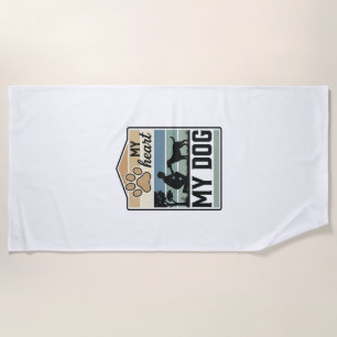 My Heart My Dog Vintage Engraving Dog Lover Design Beach Towel