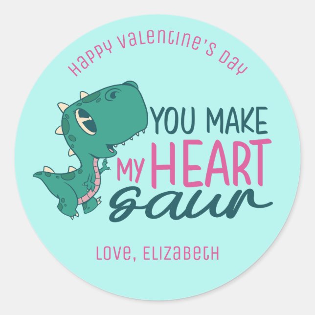 My Heart Saur Funny Pun Cute Kids Valentine's Day Classic Round Sticker (Front)