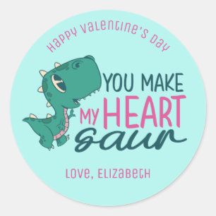 My Heart Saur Funny Pun Cute Kids Valentine's Day Classic Round Sticker