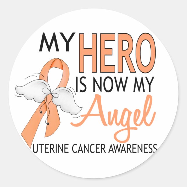 My Hero Is My Angel Uterine Cancer Classic Round Sticker (Front)